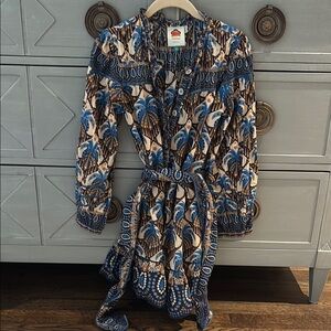 FARM Rio Blue and Brown Patterned Mini Dress